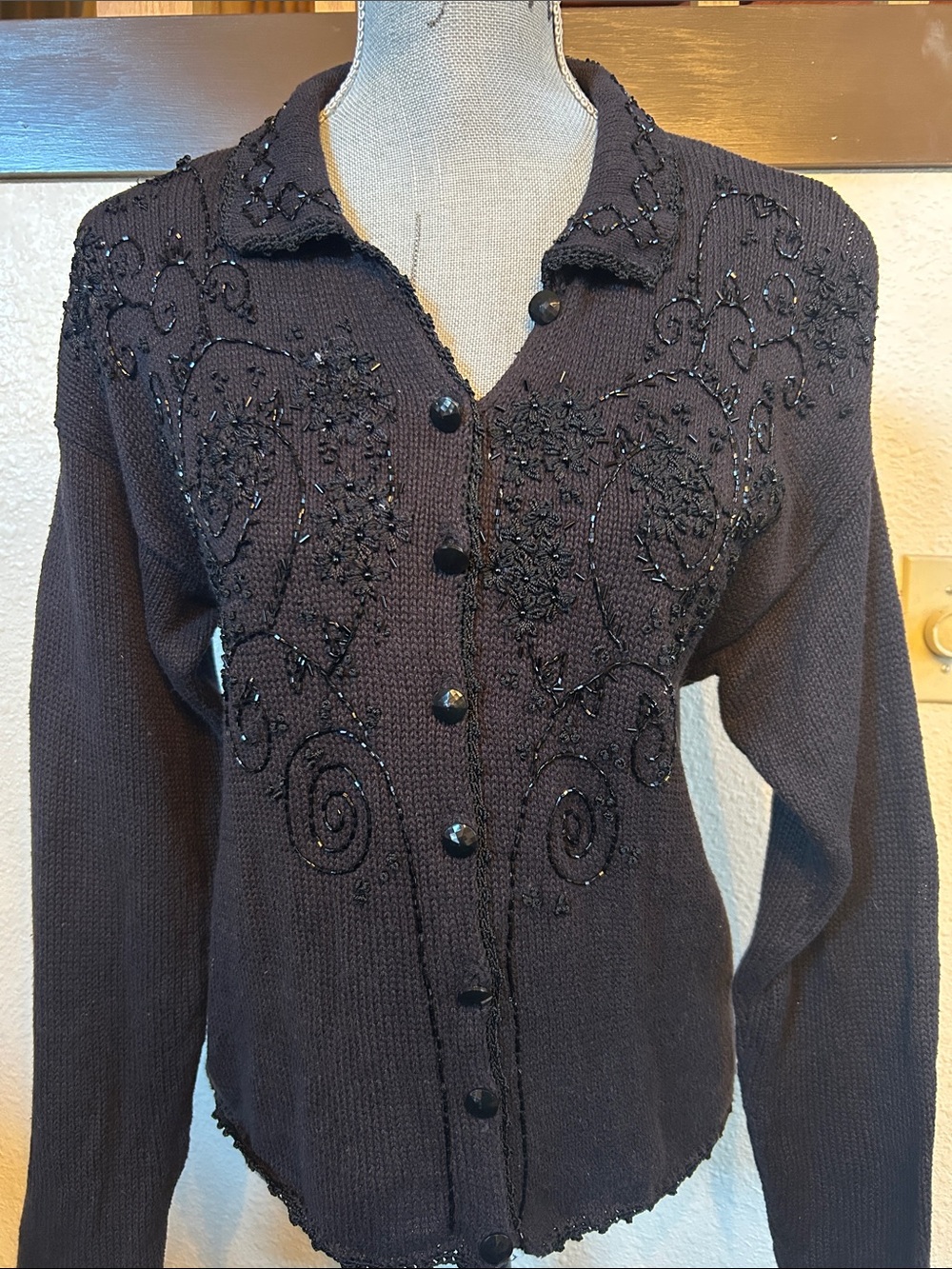 Jaclyn Smith Black Beaded Button-Front Cardigan